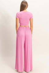 Pink Short Sleeve Crop Top Wide Leg Pant Set