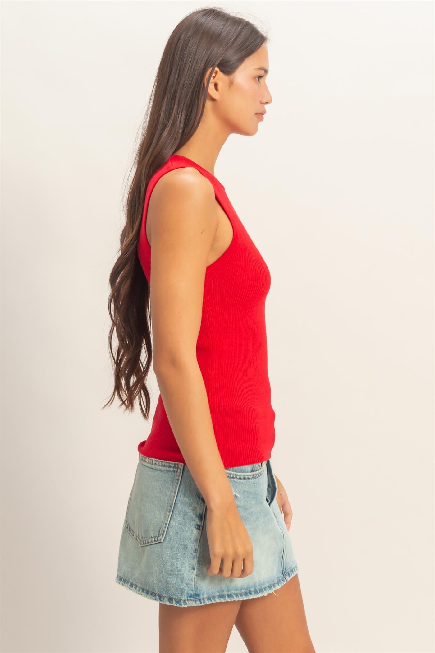 Red Ribbed Knit Tank Top
