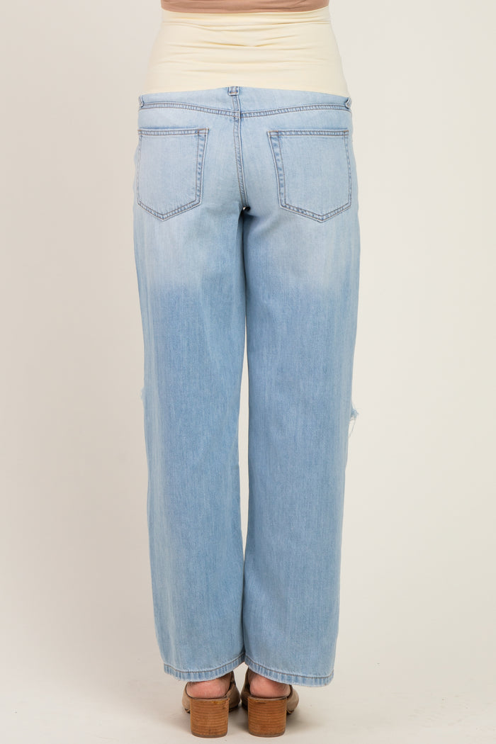 maternity wear light blue wide leg jeans with a high waist view from the back
