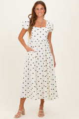 Cream Cotton Gauze Dot Print Ribbon Tie Back Midi Dress