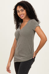 Olive Ribbed Sweetheart-Neckline Top