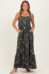 Forest Green Floral Bow Strap Maternity Maxi Dress