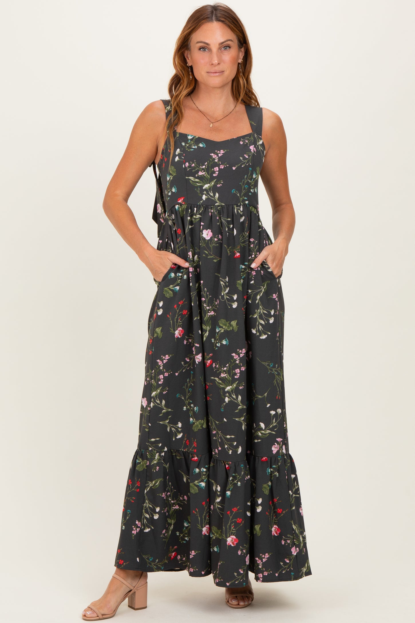 Forest Green Floral Bow Strap Maxi Dress