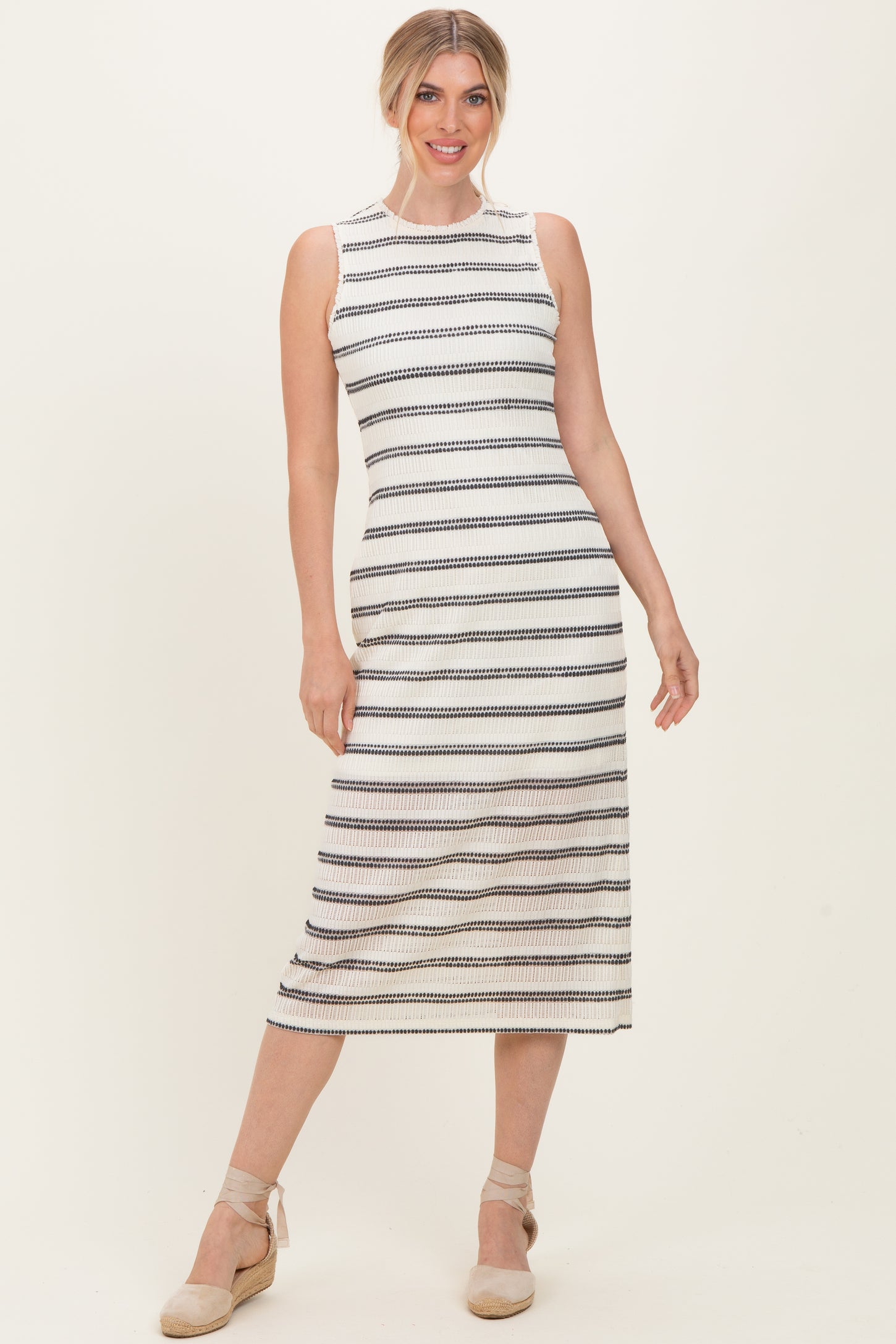 Ivory Striped Mesh Sleeveless Maternity Midi Dress