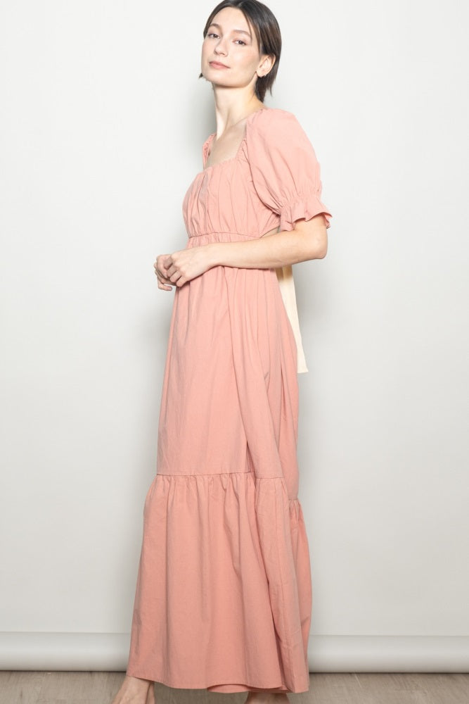 Rose Pink Open Back Ribbon Tie Maxi Dress