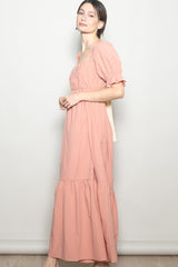 Rose Pink Open Back Ribbon Tie Maxi Dress