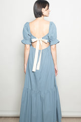 Blue Open Back Ribbon Tie Maxi Dress