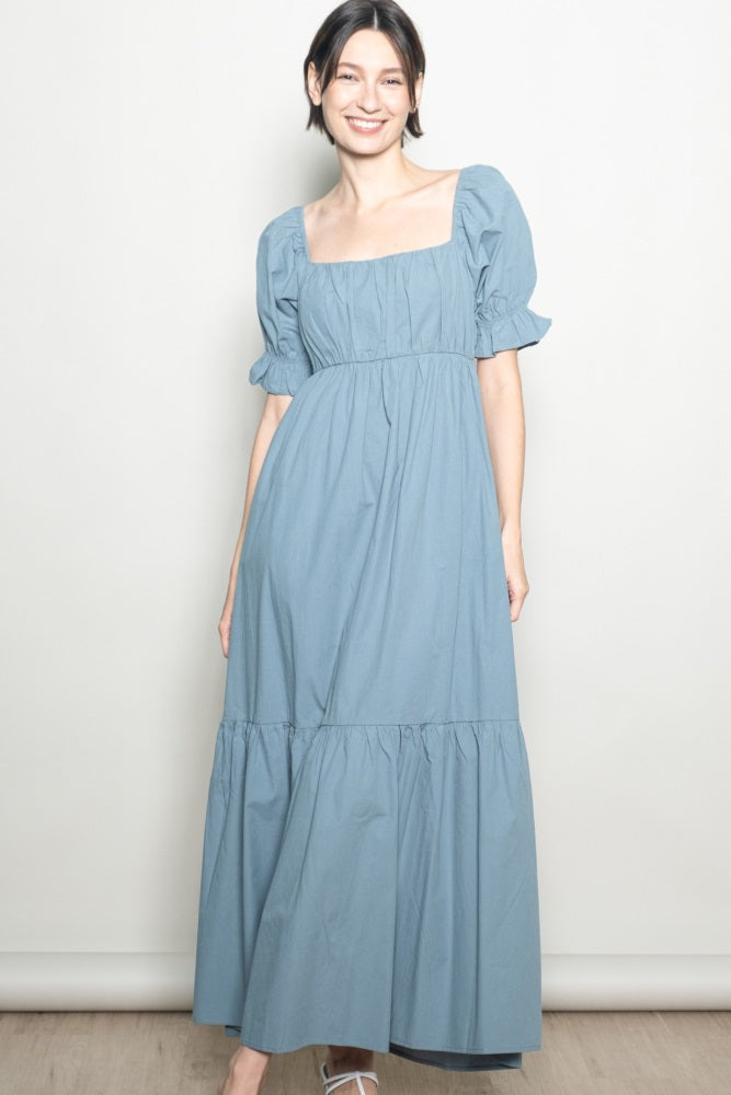 Blue Open Back Ribbon Tie Maxi Dress