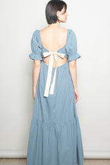 Blue Open Back Ribbon Tie Maxi Dress