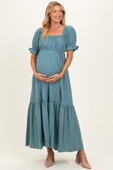 Blue Open Back Ribbon Tie Maternity Maxi Dress