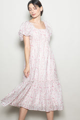 Pink Floral Puff Sleeve Midi Dress