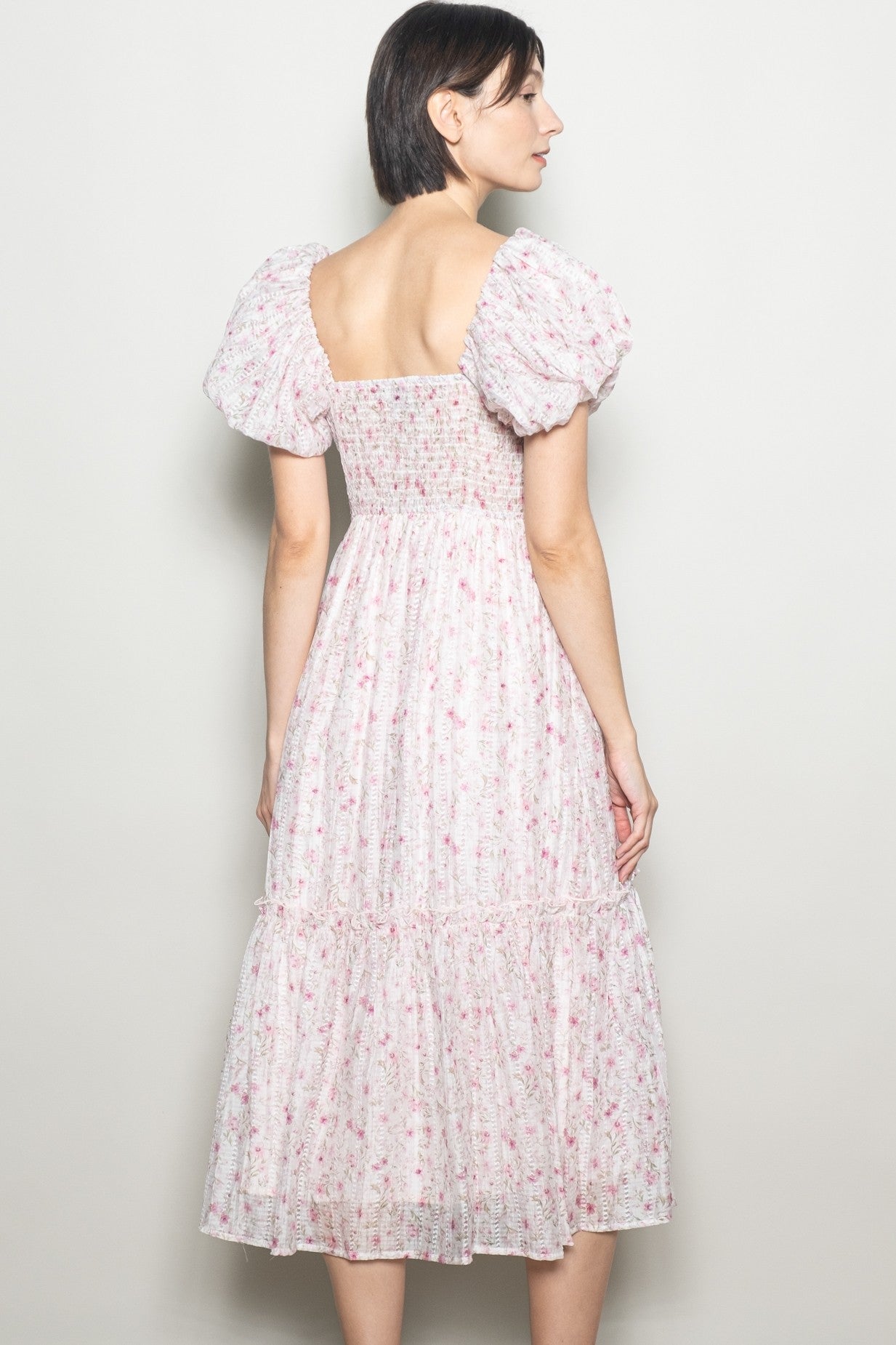 Pink Floral Puff Sleeve Midi Dress