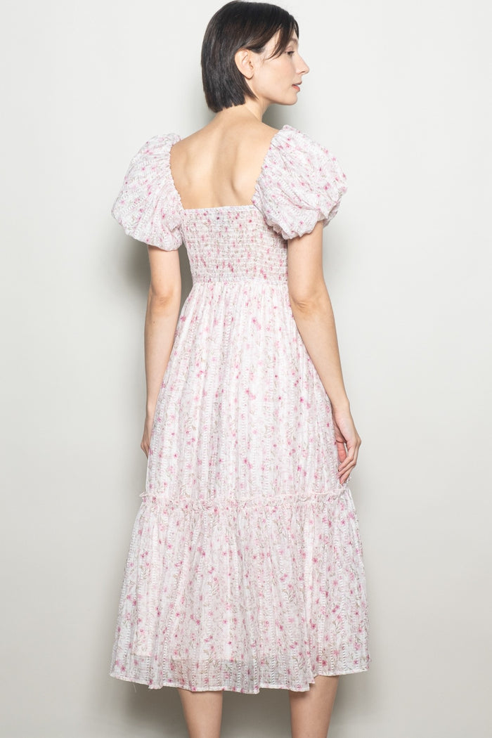 woman wearing a floral midi dress with puff sleeves and a smocked bodice, seen from the back