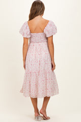 Pink Floral Puff Sleeve Maternity Midi Dress