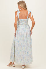 Blue Floral Smocked Shoulder Tie Maternity Maxi Dress