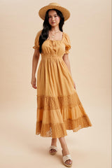 Gold Lace Contrast Paneled Maxi Dress