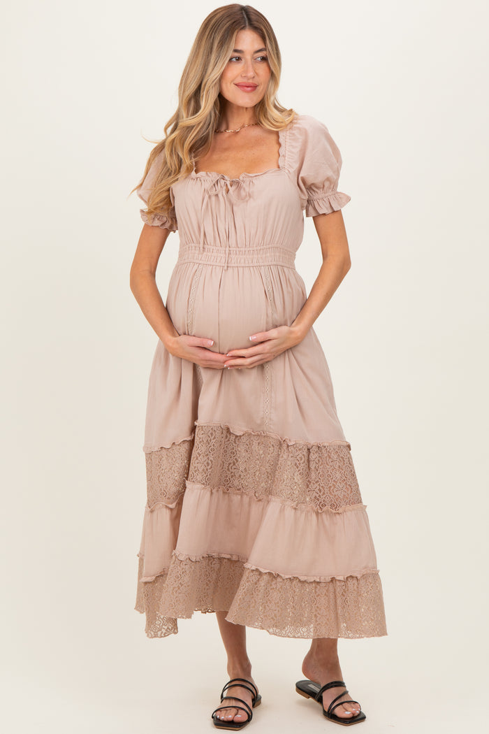 Taupe Lace Contrast Paneled Maternity Maxi Dress