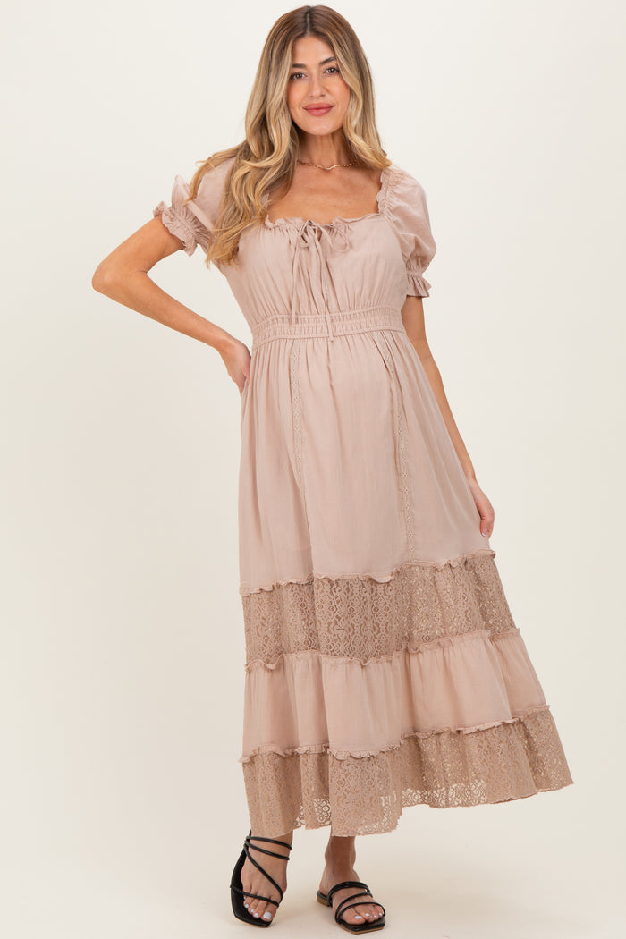 Taupe Lace Contrast Paneled Maternity Maxi Dress