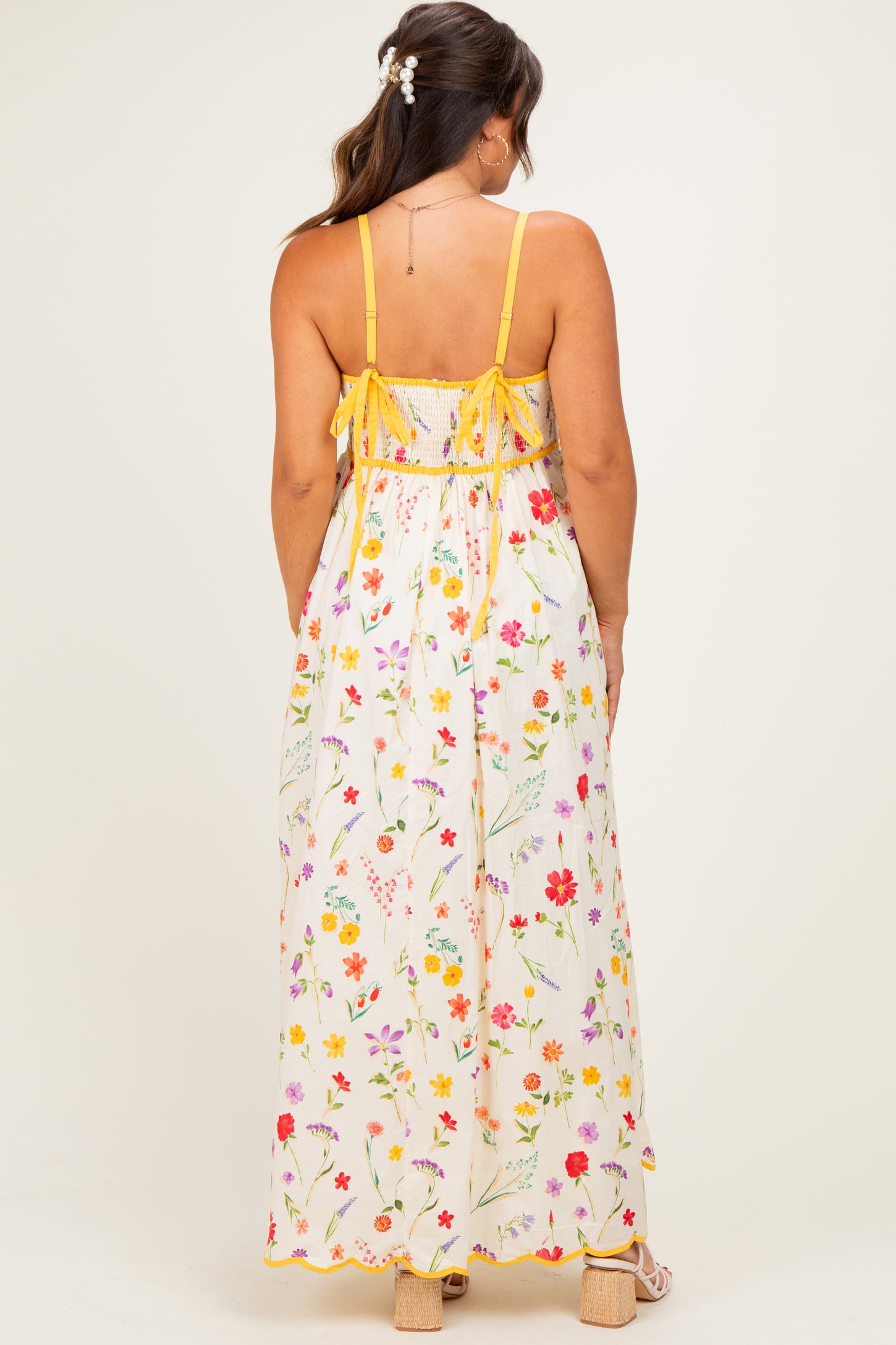 Yellow Daffodil Creme Floral Scalloped Contrast Maternity Maxi Dress