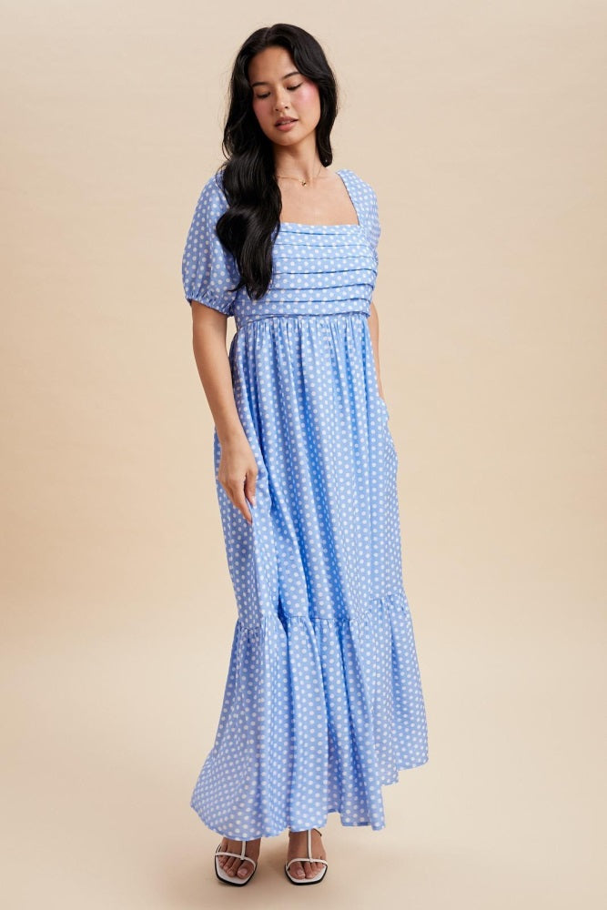 Blue Pleated Polka Dot Maxi Dress