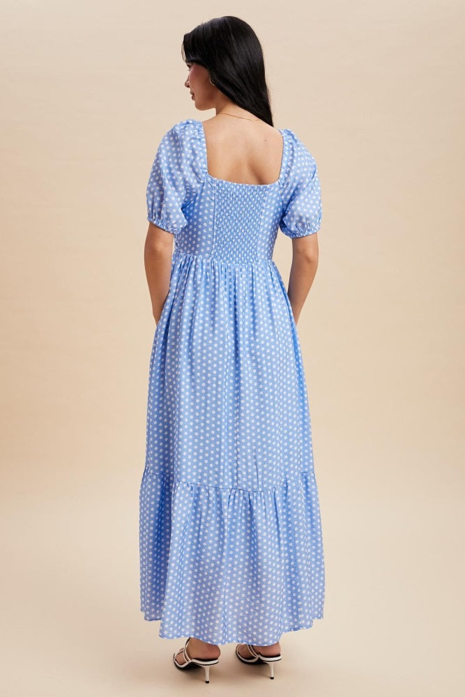 Blue Pleated Polka Dot Maxi Dress