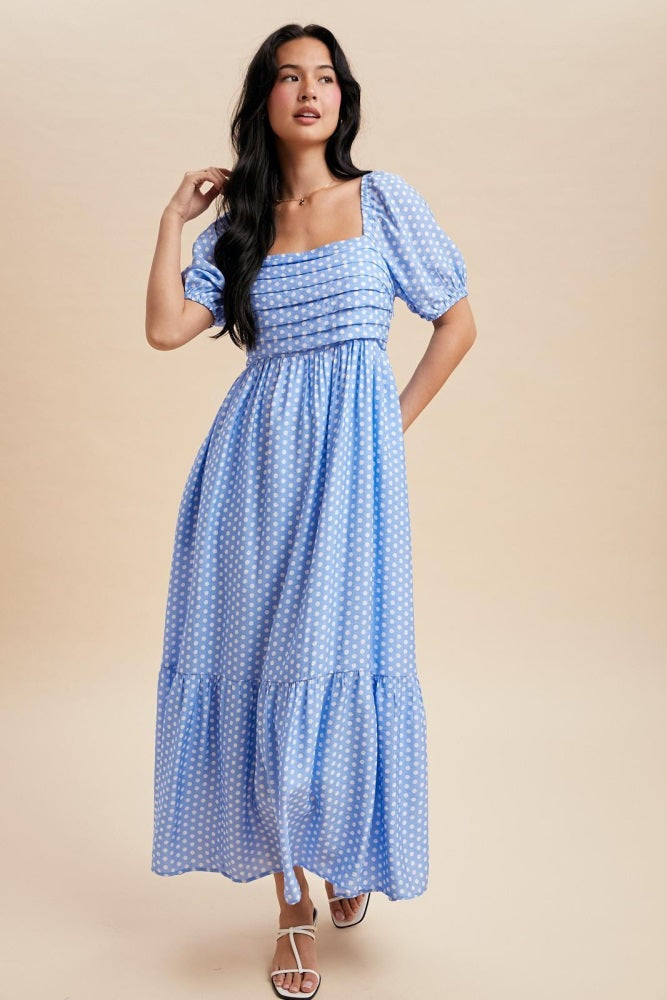 Blue Pleated Polka Dot Maxi Dress