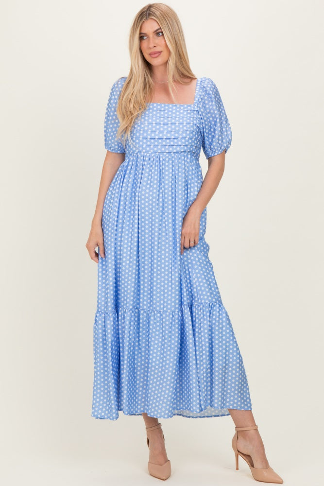 Blue Pleated Polka Dot Maxi Dress
