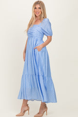 Blue Pleated Polka Dot Maxi Dress