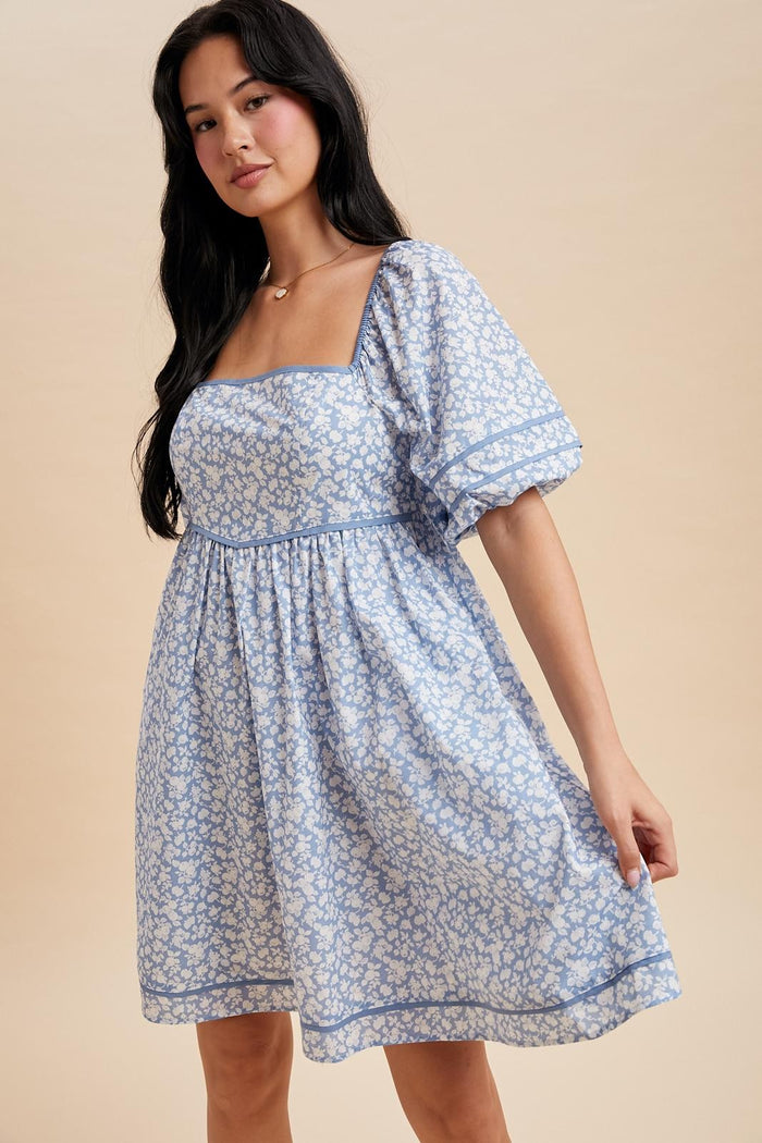 Blue Aura Contrast Binded Floral Mini Dress