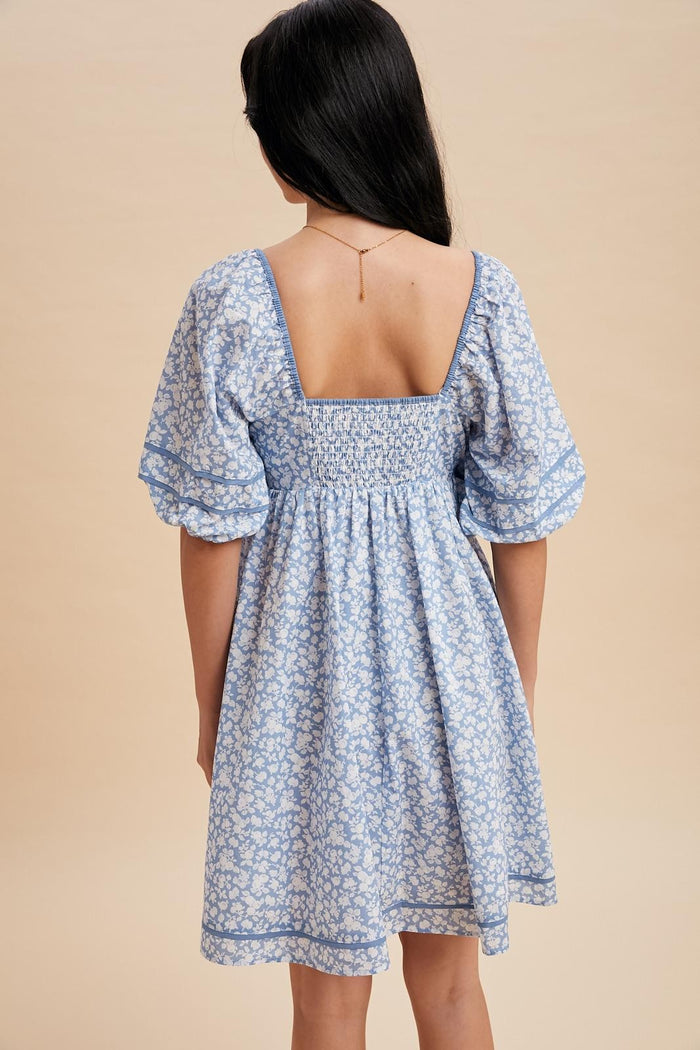 Blue Aura Contrast Binded Floral Mini Dress