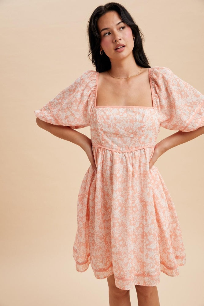 Coral Contrast Binded Floral Mini Dress