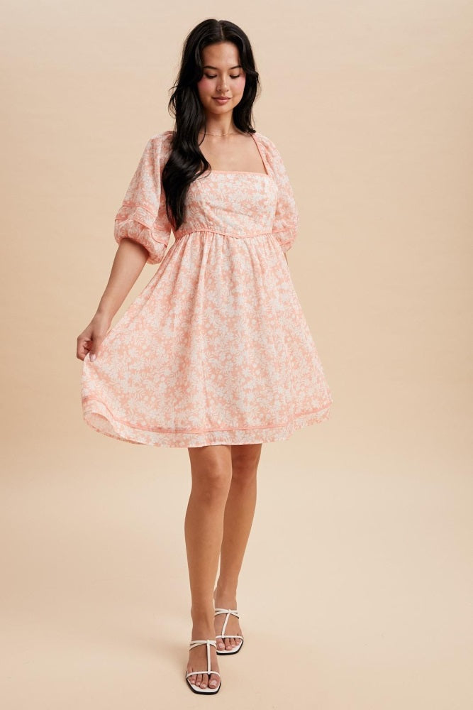 Coral Contrast Binded Floral Mini Dress
