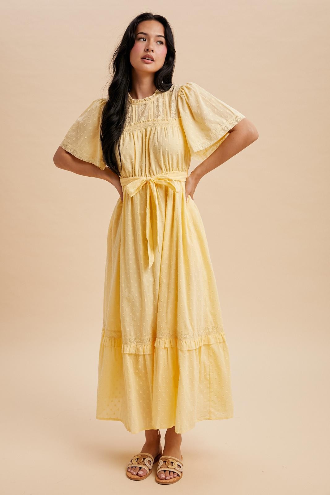 Yellow Swiss Dot Flutter Sleeve Maxi Dress