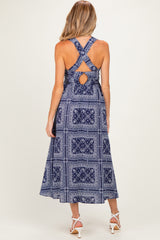 Navy Bandana Print Crisscross Back Maternity Midi Dress