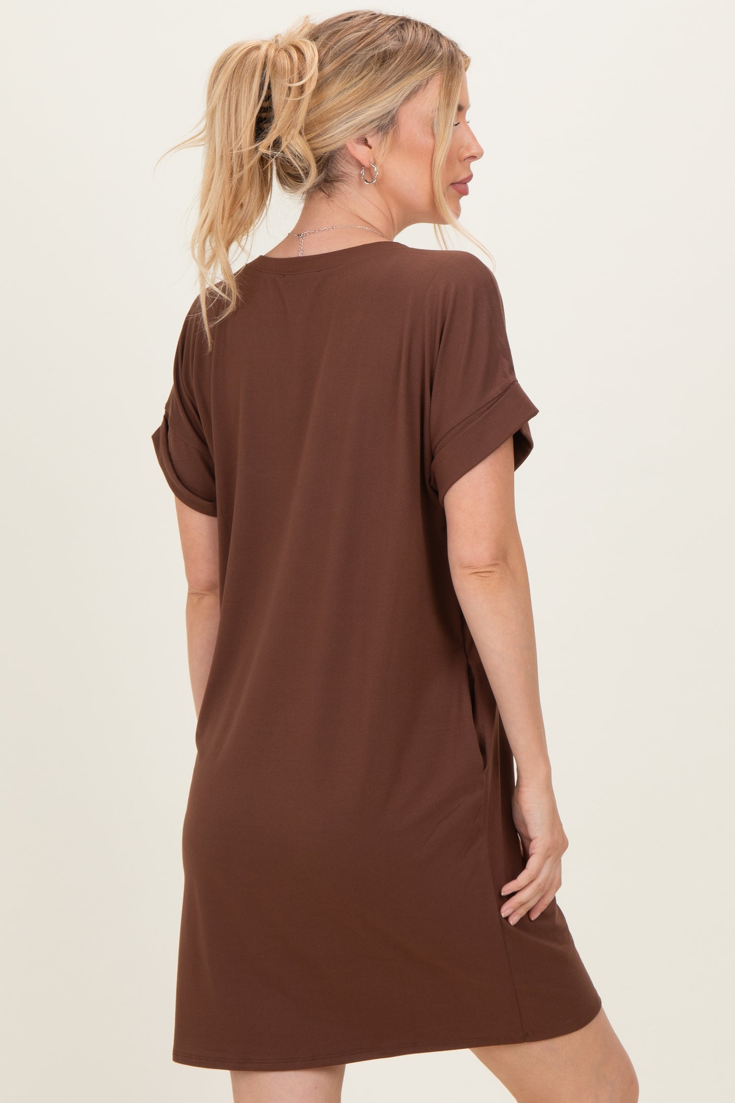 Brown Brushed Rolled Short Sleeve V-Neck Dress