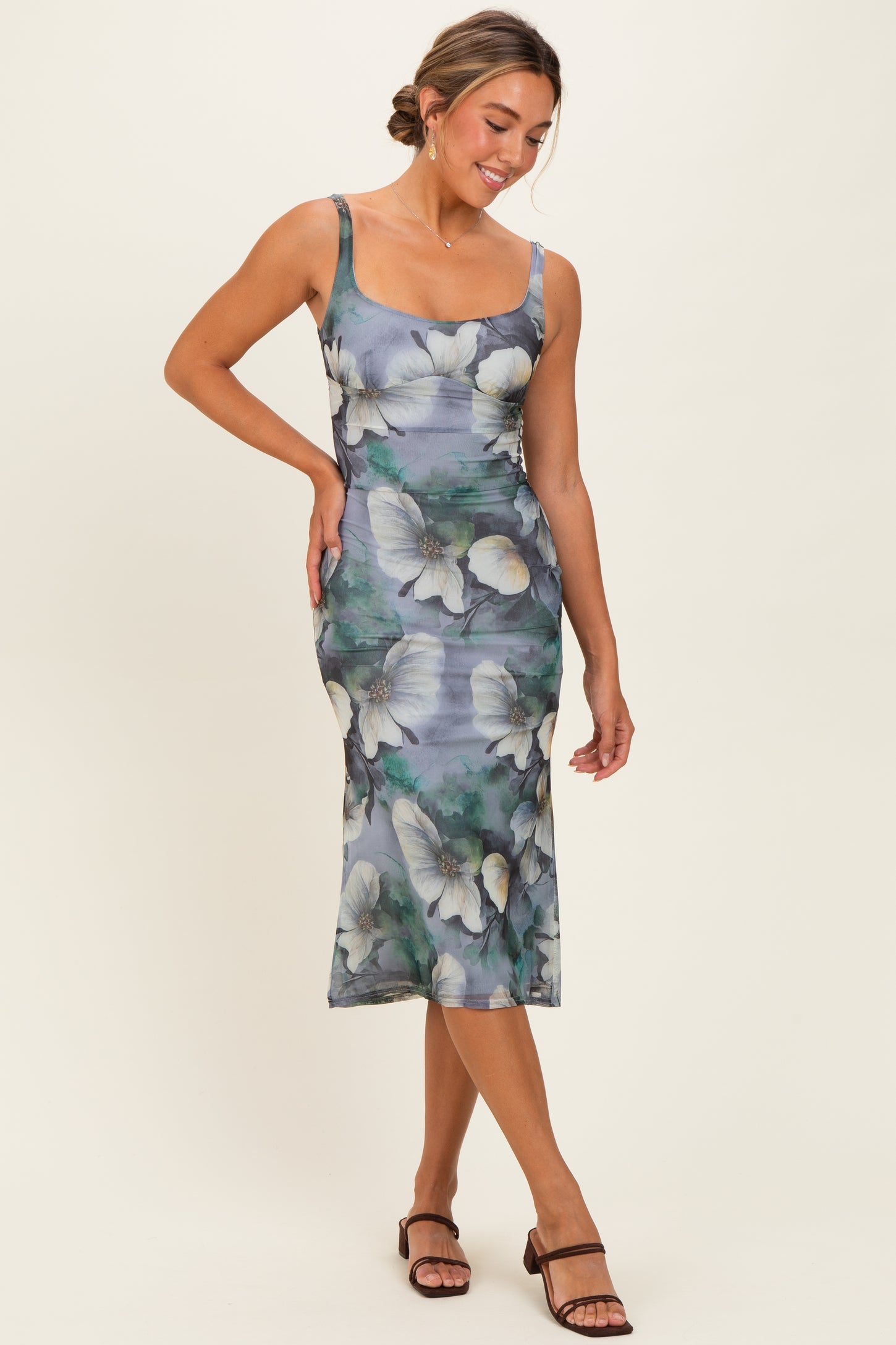 Grey Mesh Floral Sleeveless Midi Dress