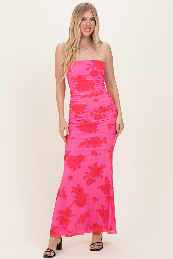 Fuchsia Floral Open Back Strapless Ruched Maternity Maxi Dress