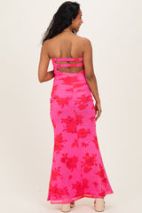 Fuchsia Floral Open Back Strapless Ruched Maternity Maxi Dress