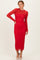 woman wearing a red lace long sleeve midi dress with a fitted silhouette and a sheer bodice
