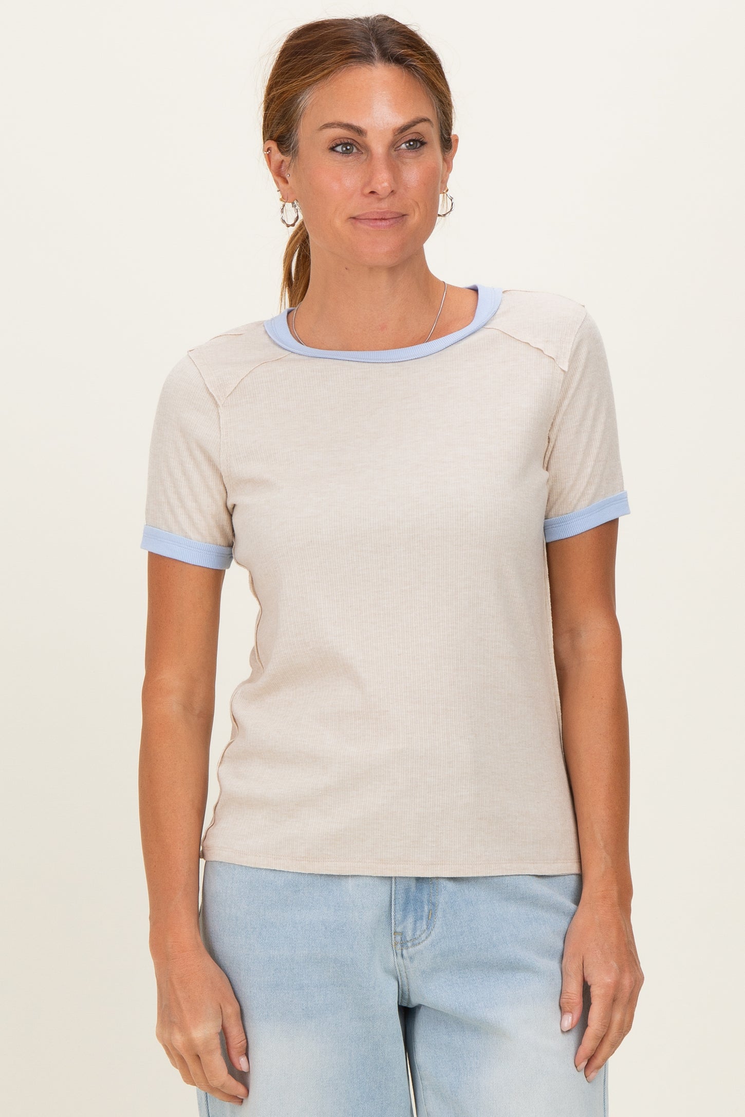Oatmeal Colorblock Trim Maternity Short Sleeve Tee