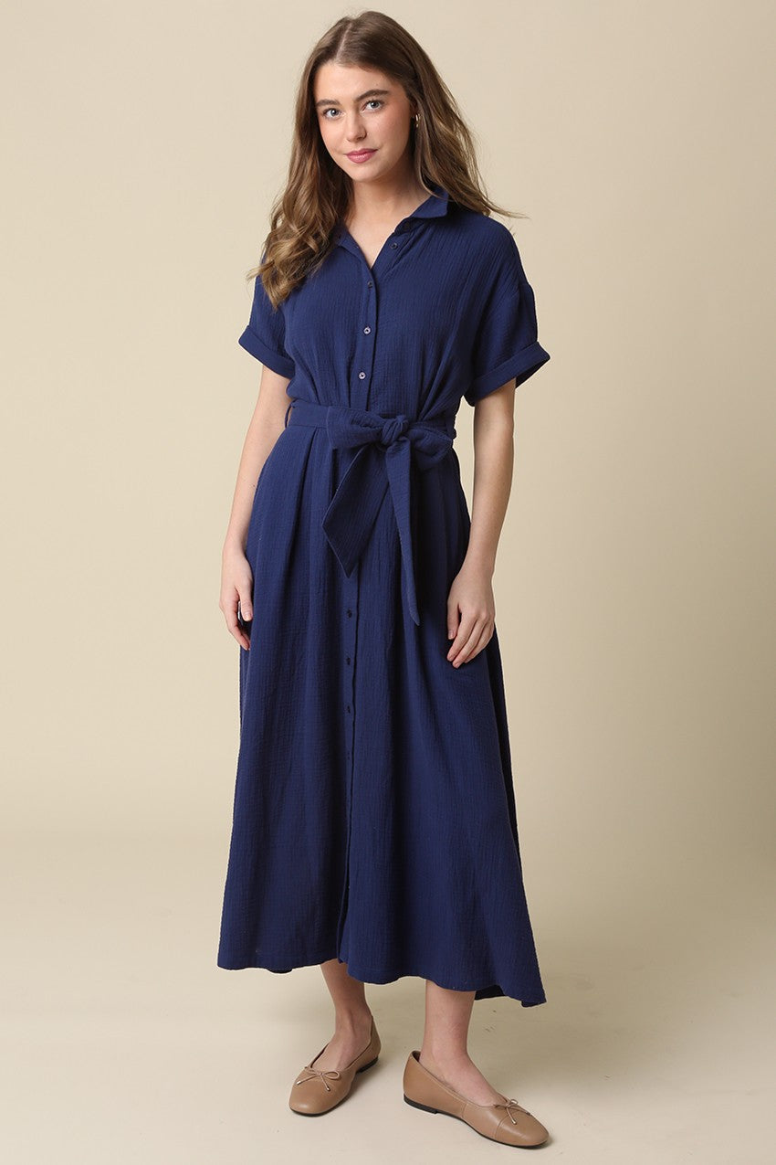 Navy Belted Maxi Maternity Shirt Dress