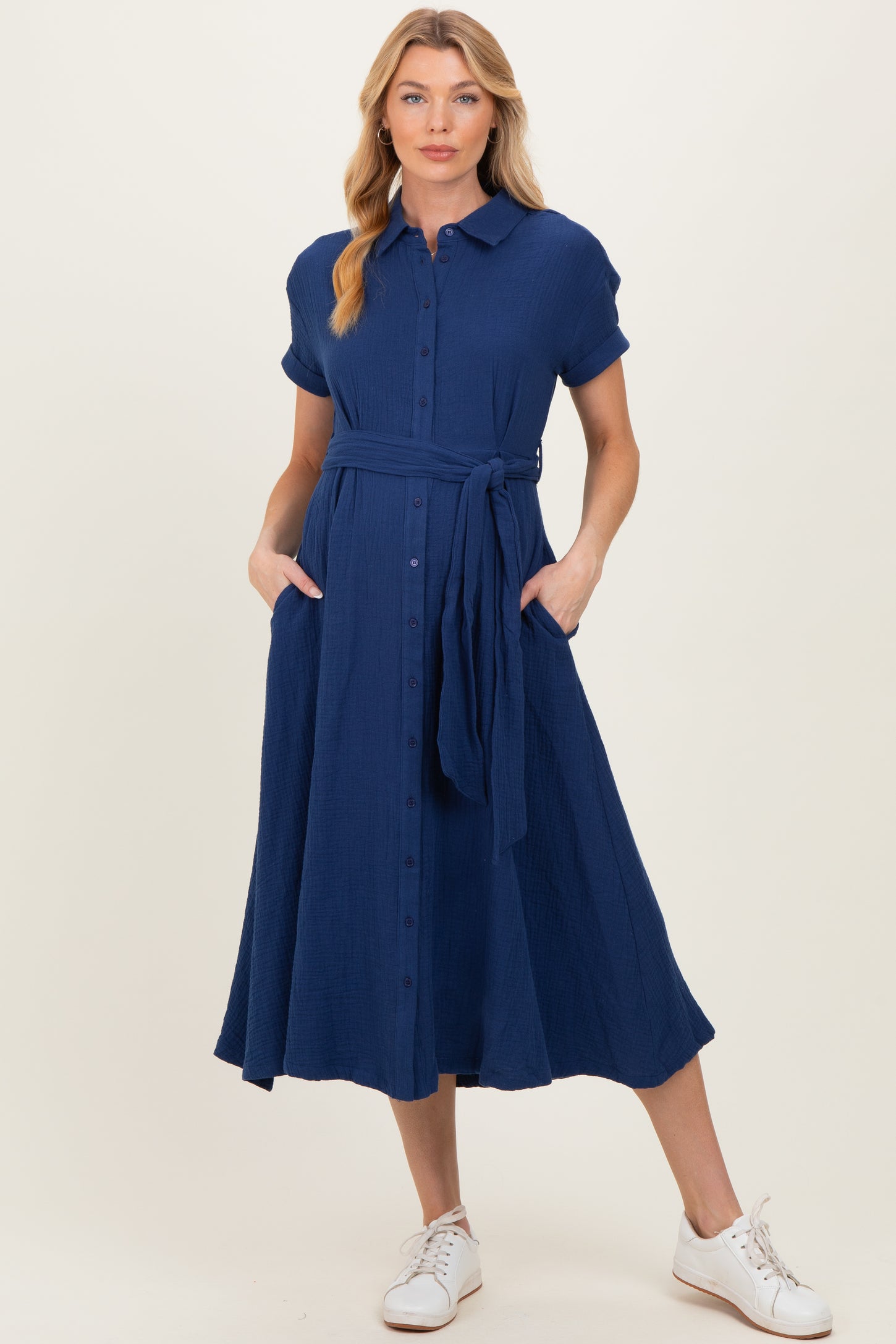 Navy Belted Maxi Maternity Shirt Dress