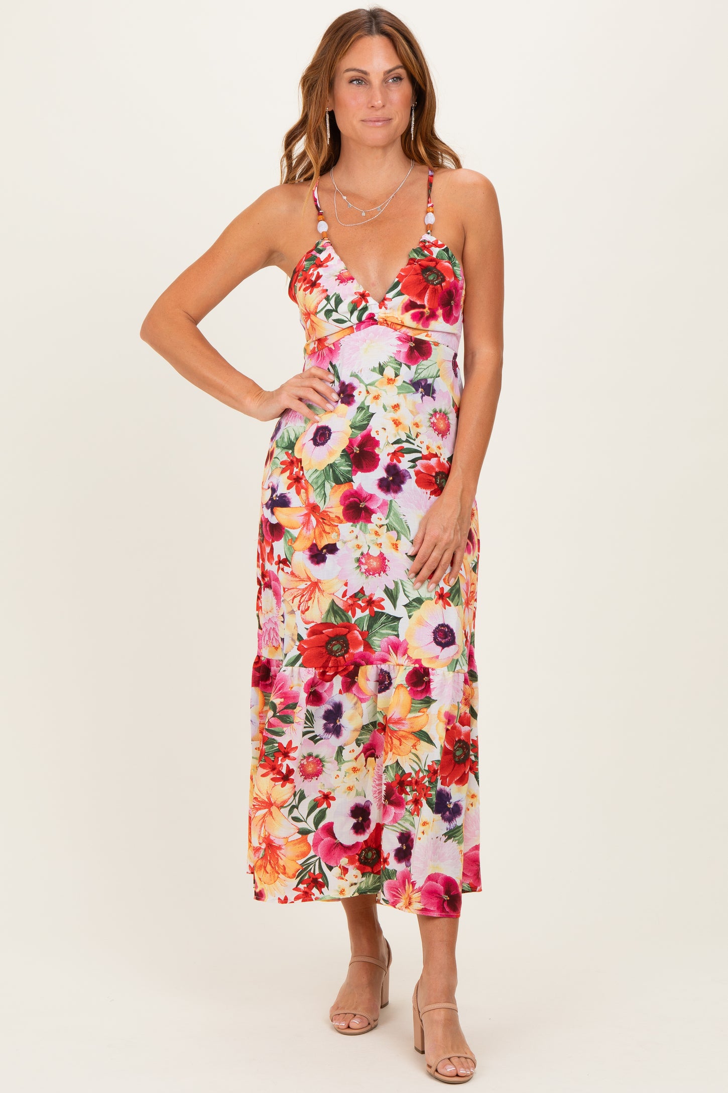 Off White Floral Crisscross Back Midi Dress
