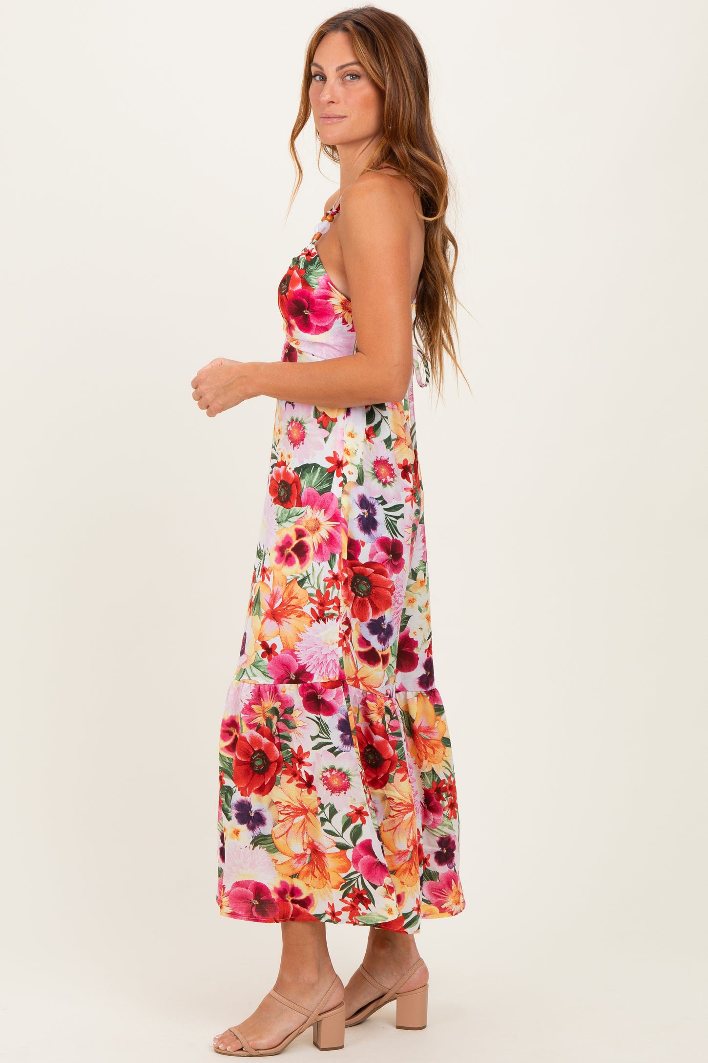Off White Floral Crisscross Back Midi Dress