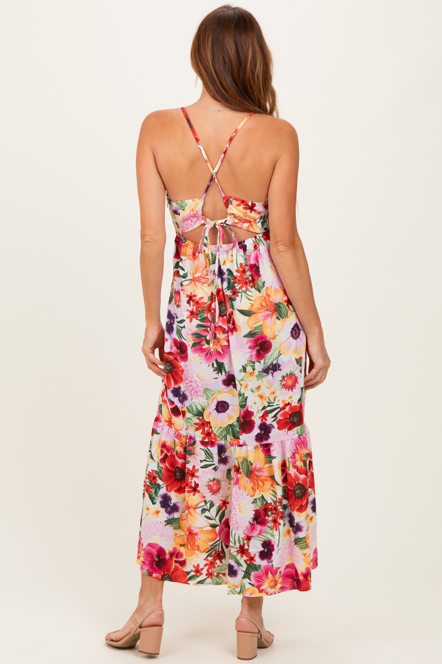 Off White Floral Crisscross Back Midi Dress