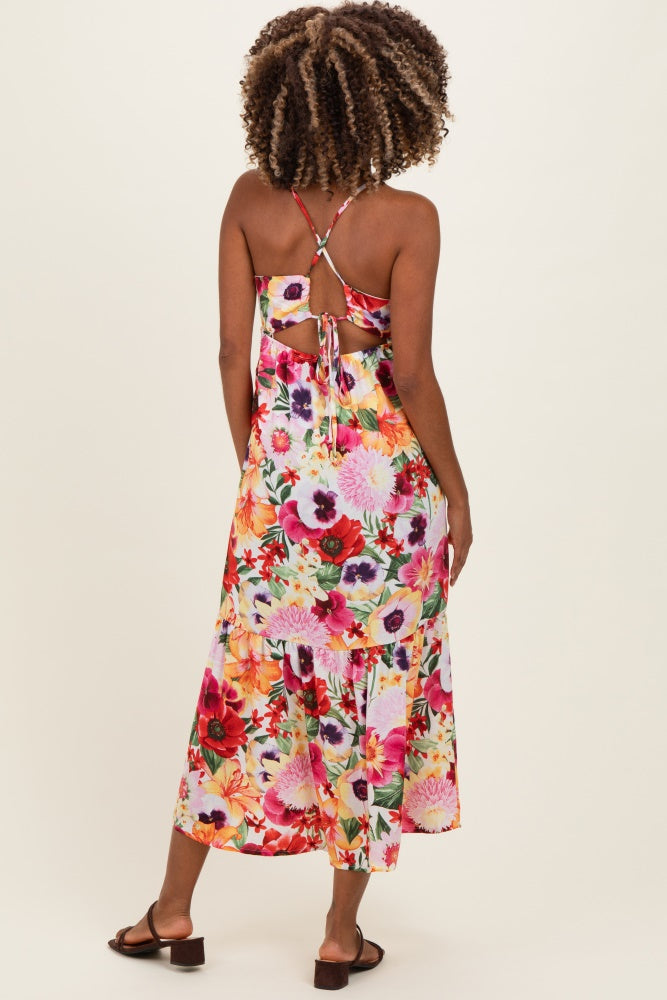 Off White Floral Crisscross Back Maternity Midi Dress