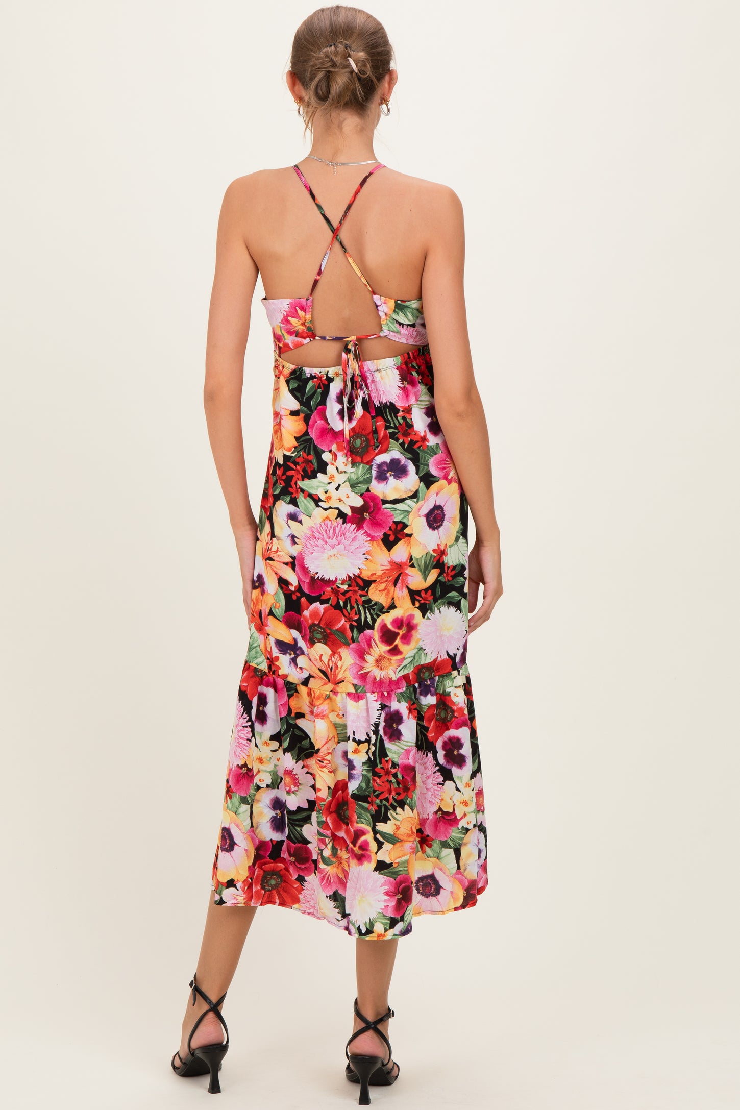 Black Floral Crisscross Back Maternity Midi Dress