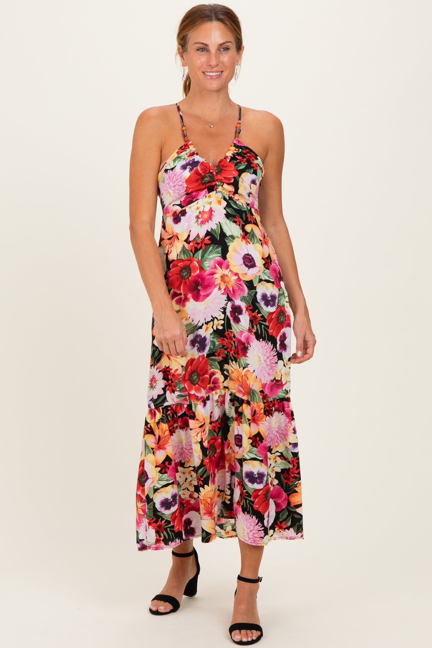Black Floral Crisscross Back Midi Dress