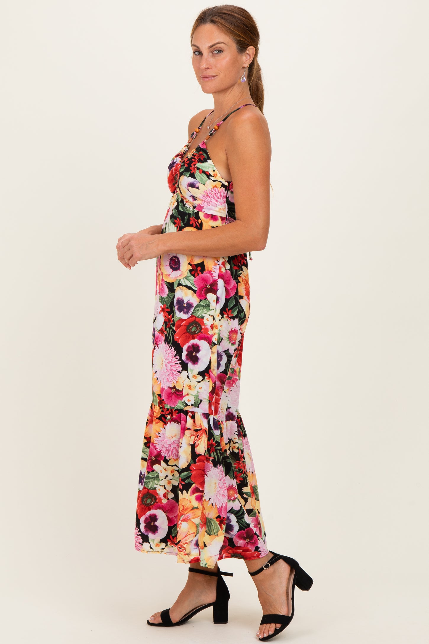 Black Floral Crisscross Back Midi Dress
