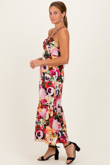Black Floral Crisscross Back Midi Dress